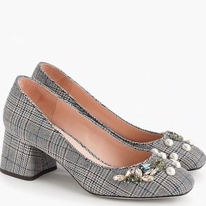 Block-heel pumps in embellished plaid size 8